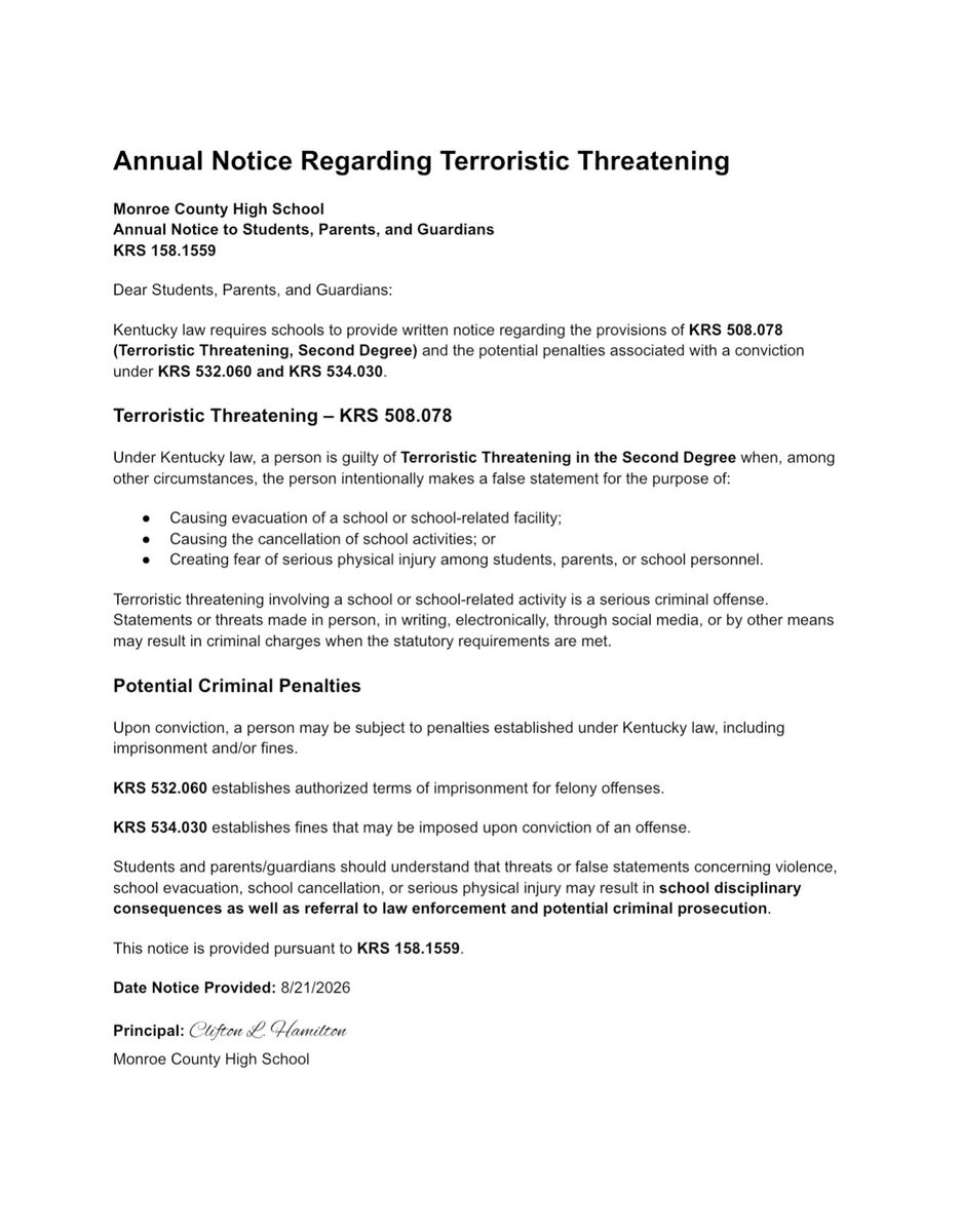 KRS 158.1559 - Required Notice of Terroristic Threatening Laws 