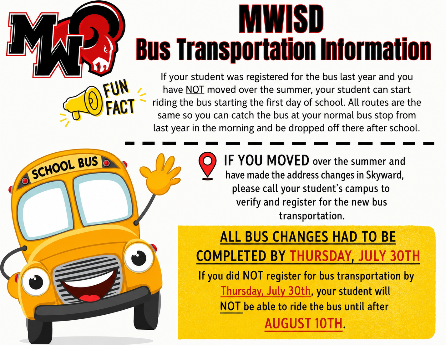 Important Bus Transportation Information for the First Day of School
