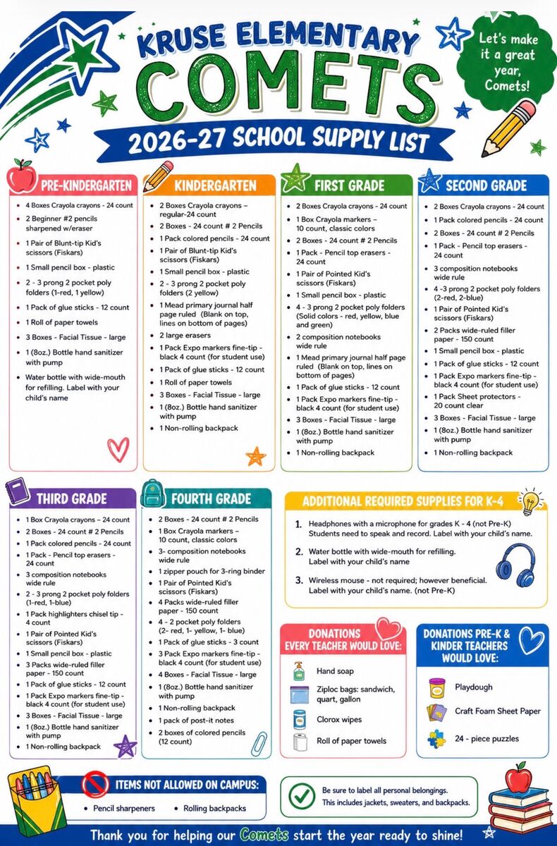 2026-27 Kruse Comets School Supply List