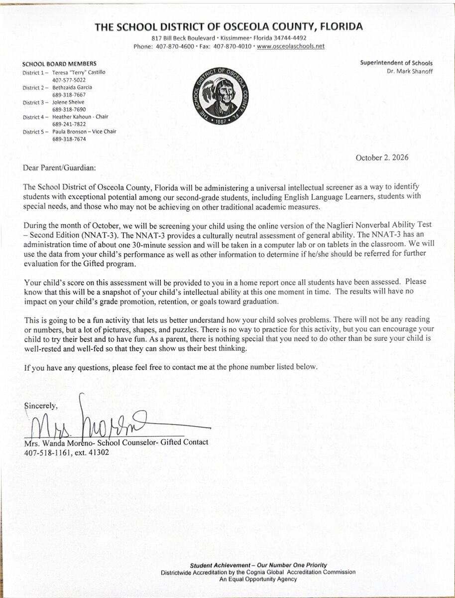 NNAT Testing - 2nd grade 