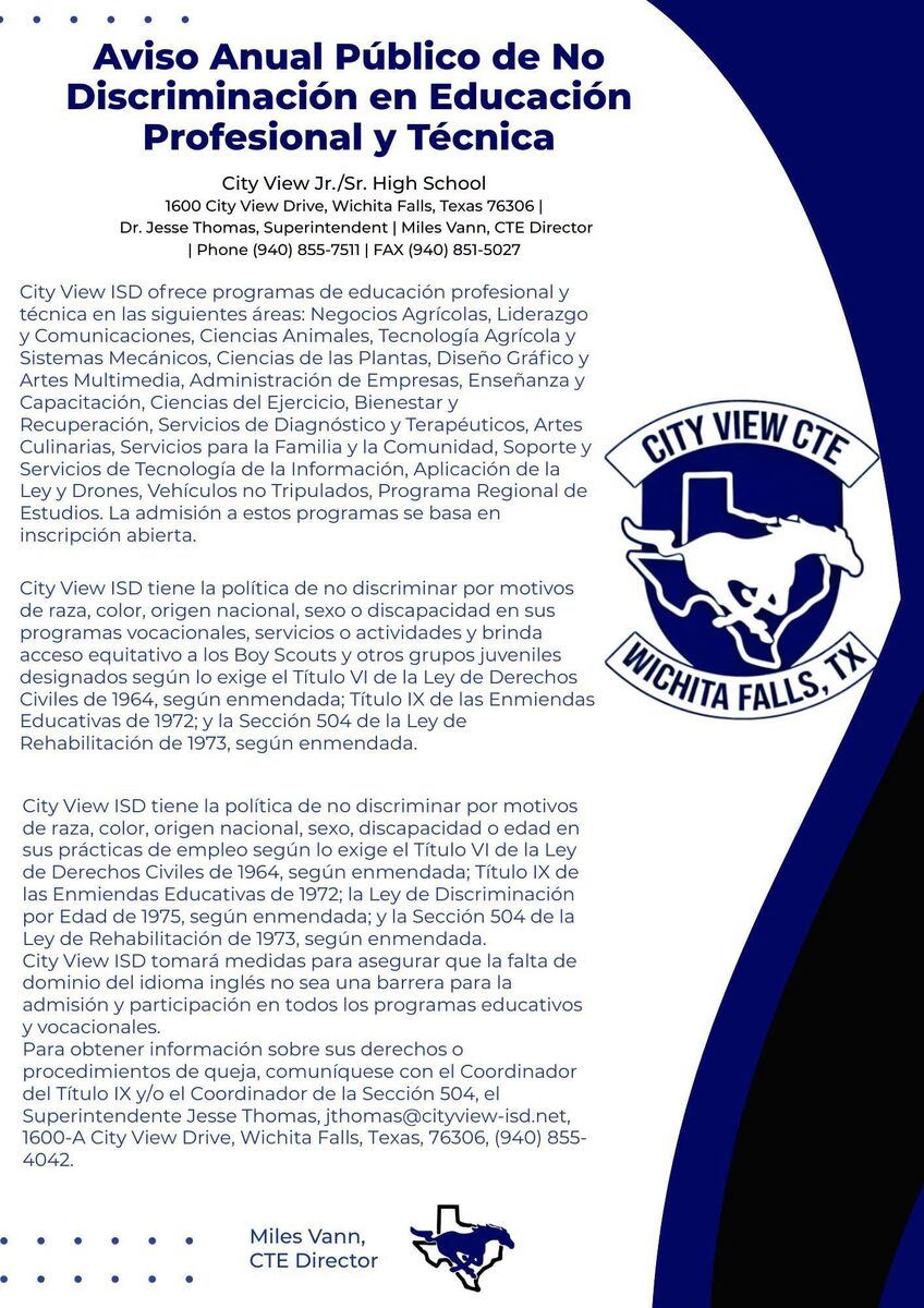 Annual Public Notification of Nondiscrimination regarding Career and Technical Education (CTE)