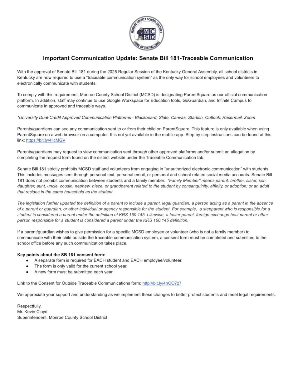 Senate Bill 181 -Traceable Communication Notice