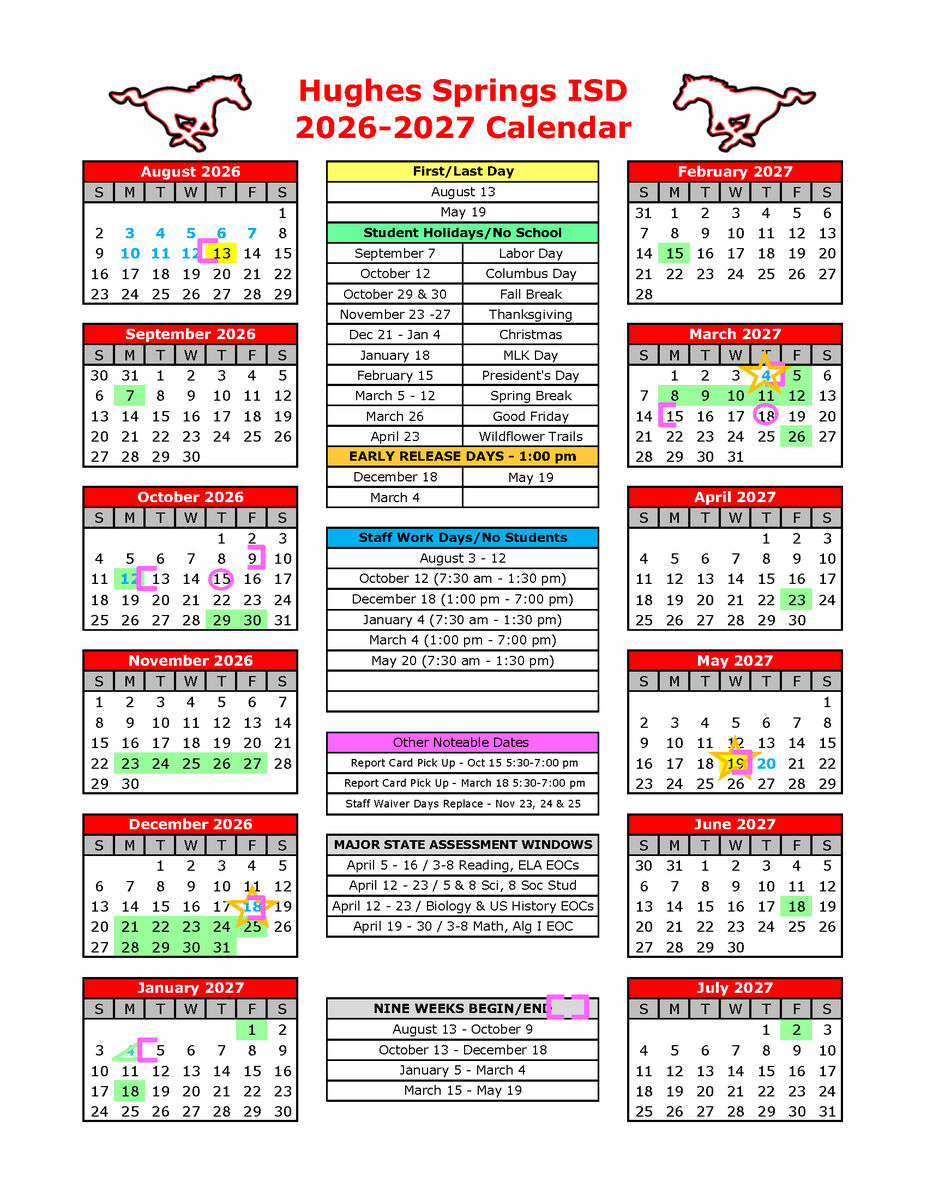2026-2027 HSISD School Year Calendar