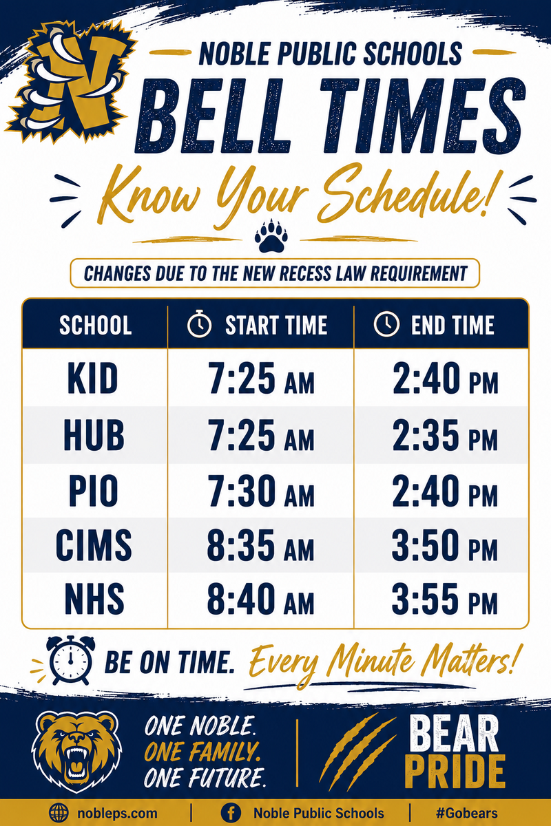 Noble Public Schools School Times Adjusted for New Recess Laws
