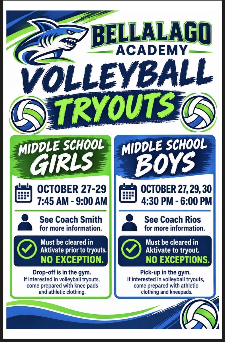 Middle School Volleyball Tryouts Grades 6-8