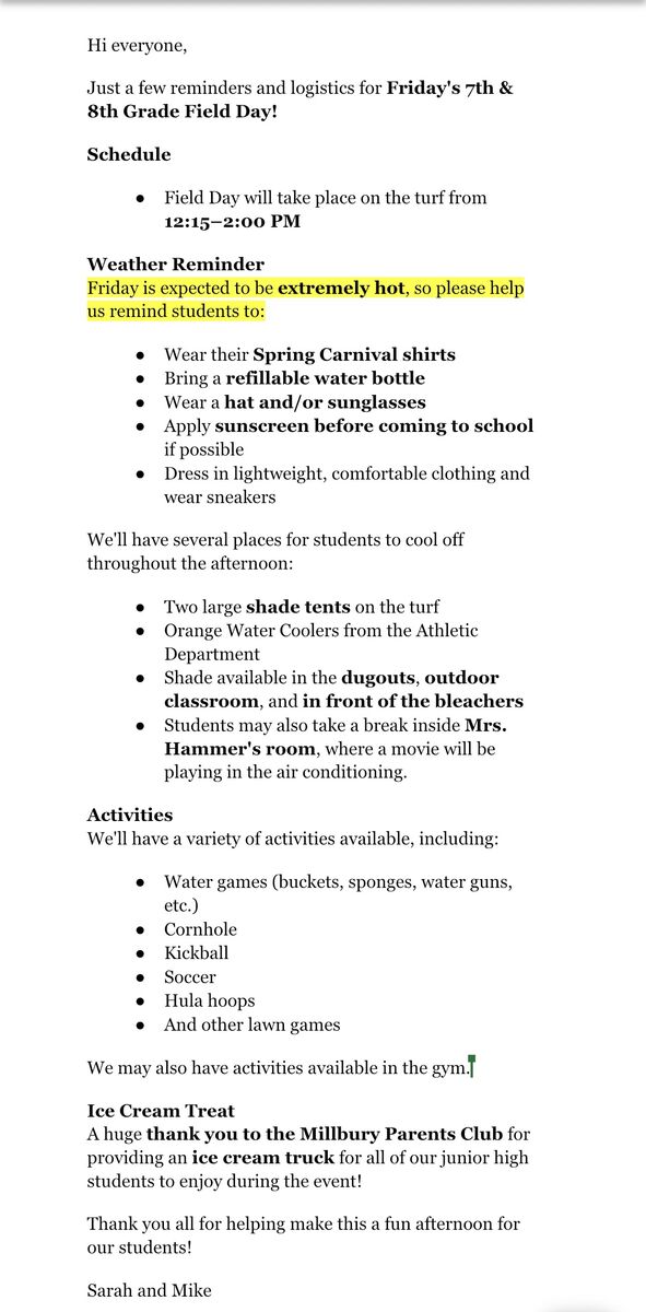 7th and 8th grade field day Friday, June 12