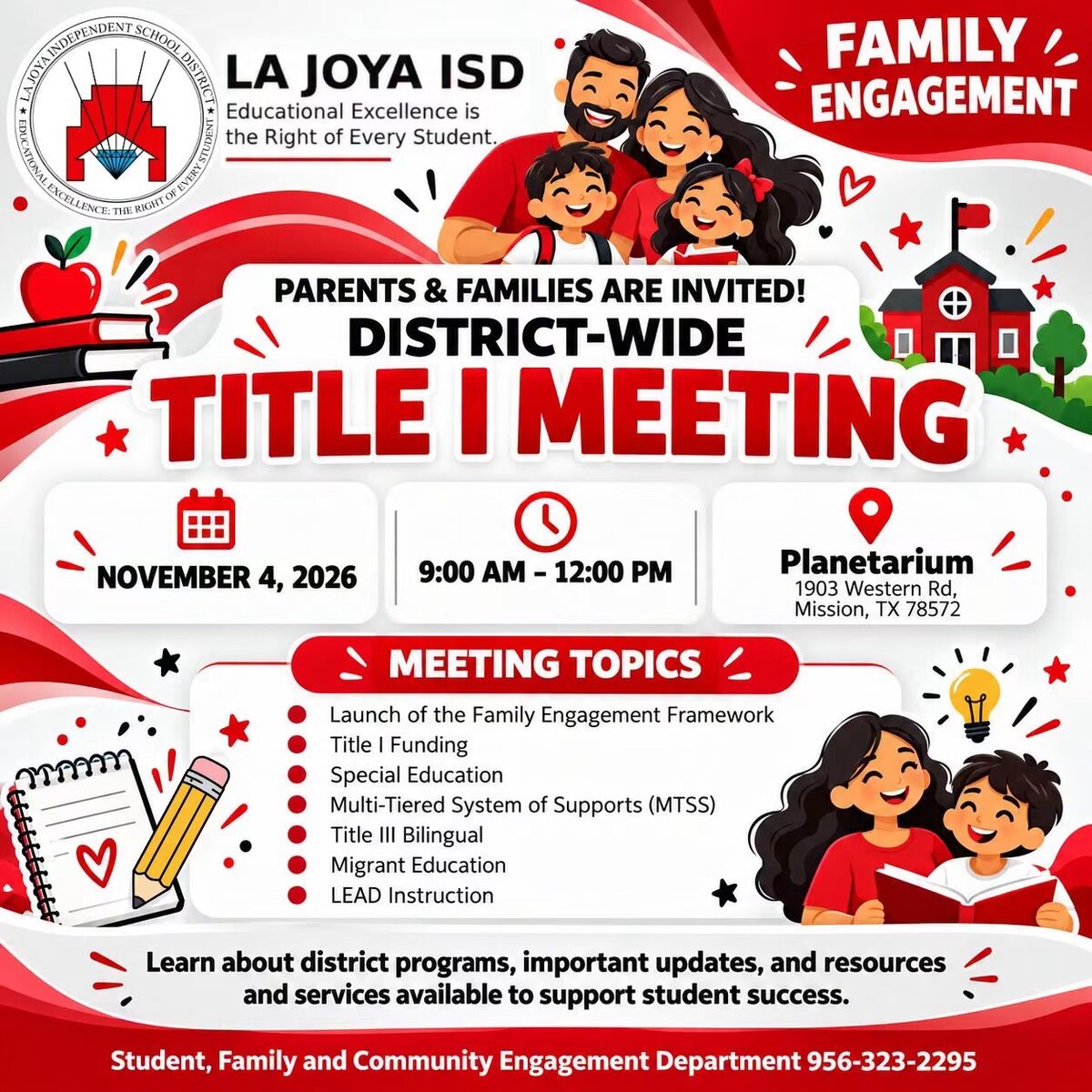  Sam Fordyce families, you’re invited to La Joya ISD’s District-Wide Title I Meeting! 