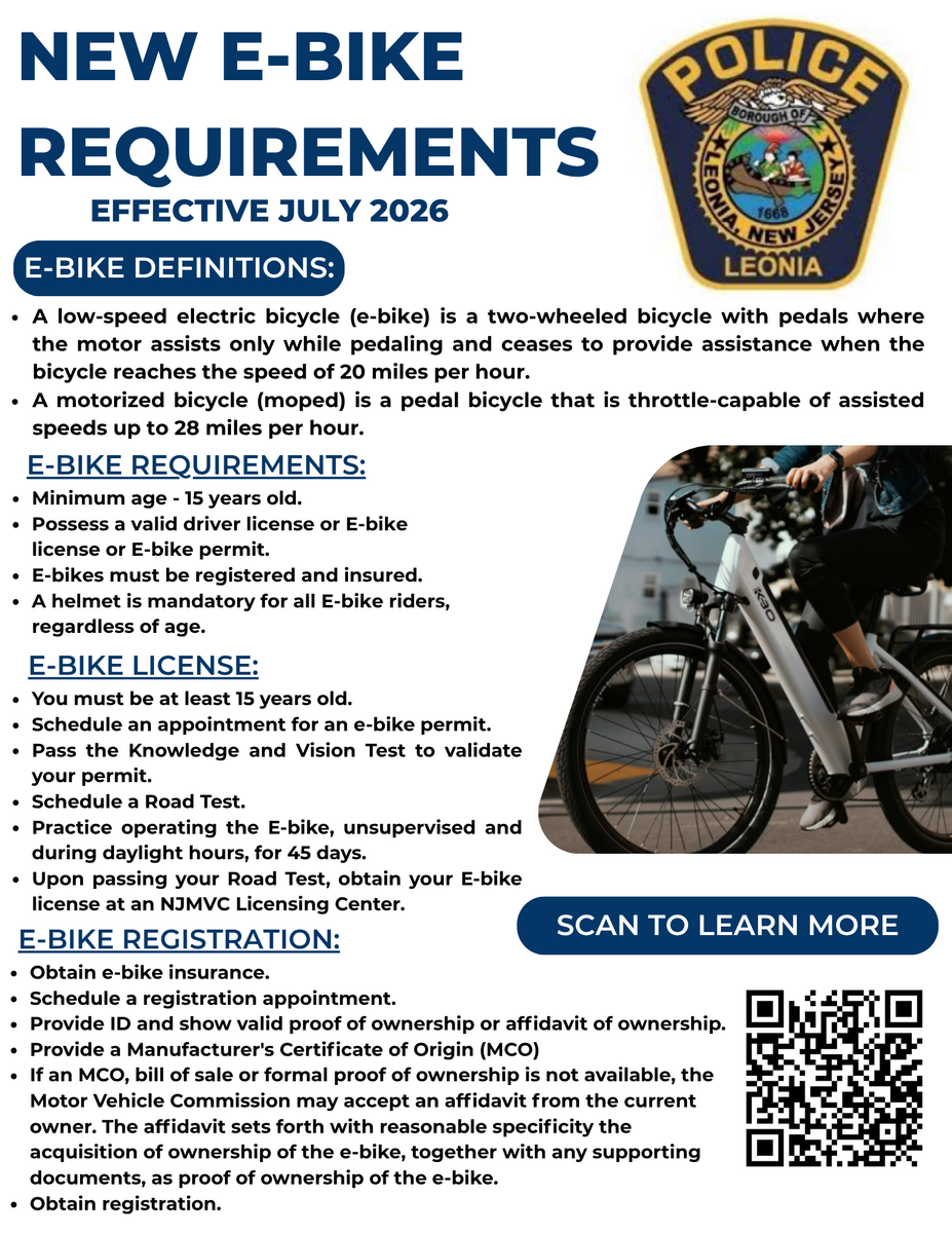 Community Info: Important E-Bike Guidelines and Safety Regulations from the Leonia Police Department