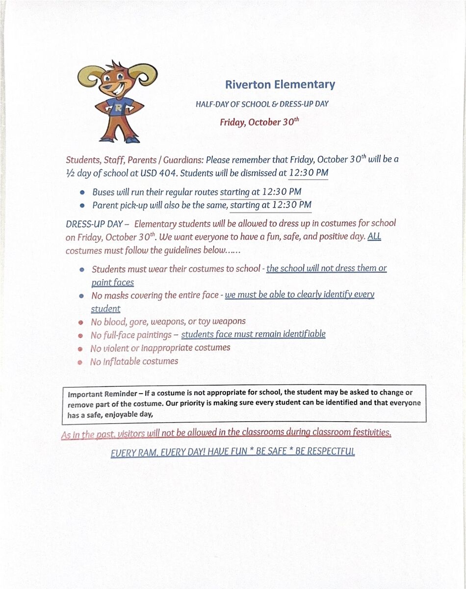 Half Day of School & Dress Up Day Friday, 10/30