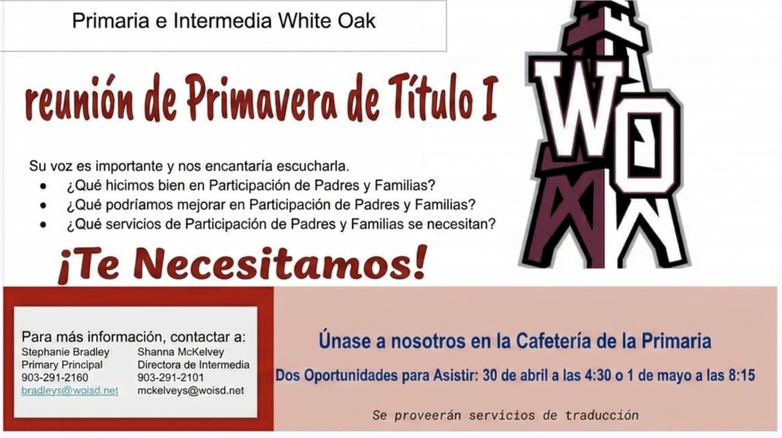 Join us for our White Oak Primary and Intermediate Title 1 Parent Meeting