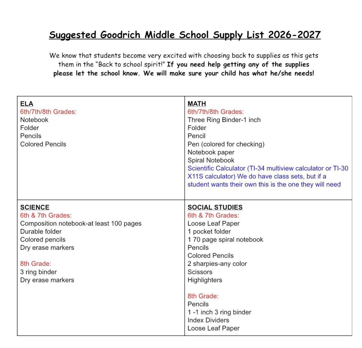 Suggested Supply List