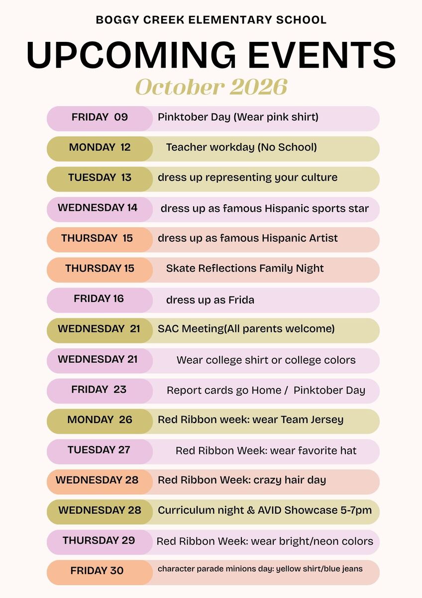 October Calendar of Events / Calendario de eventos del Mes de Octubre
