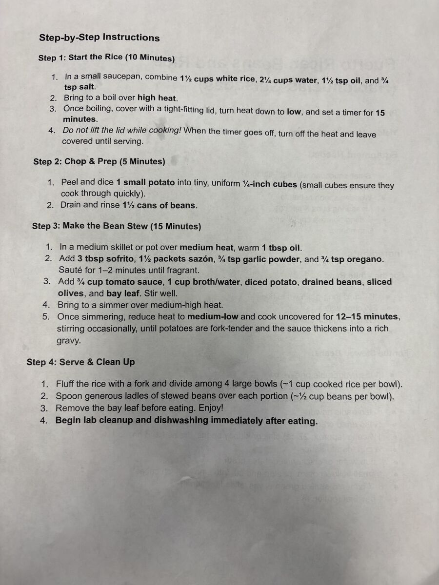 Puerto Rican Rice and Beans in Ms. Bakulski's Advanced Cooking Class