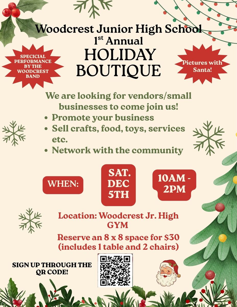 Woodcrest is looking for vendors at their December 5th Winter Boutique!