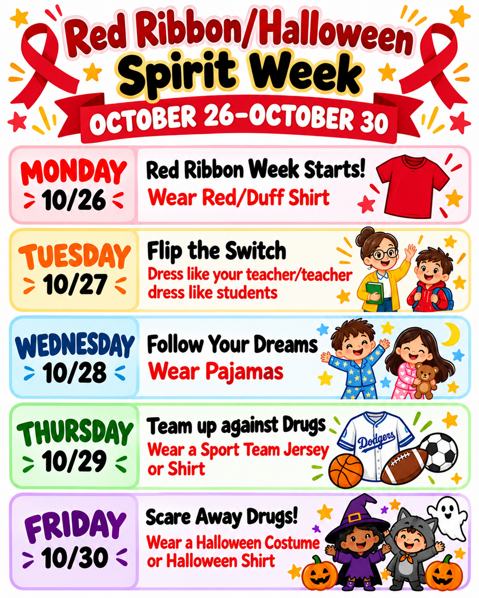 Red Ribbon & Halloween Spirit Week! Oct. 26-30