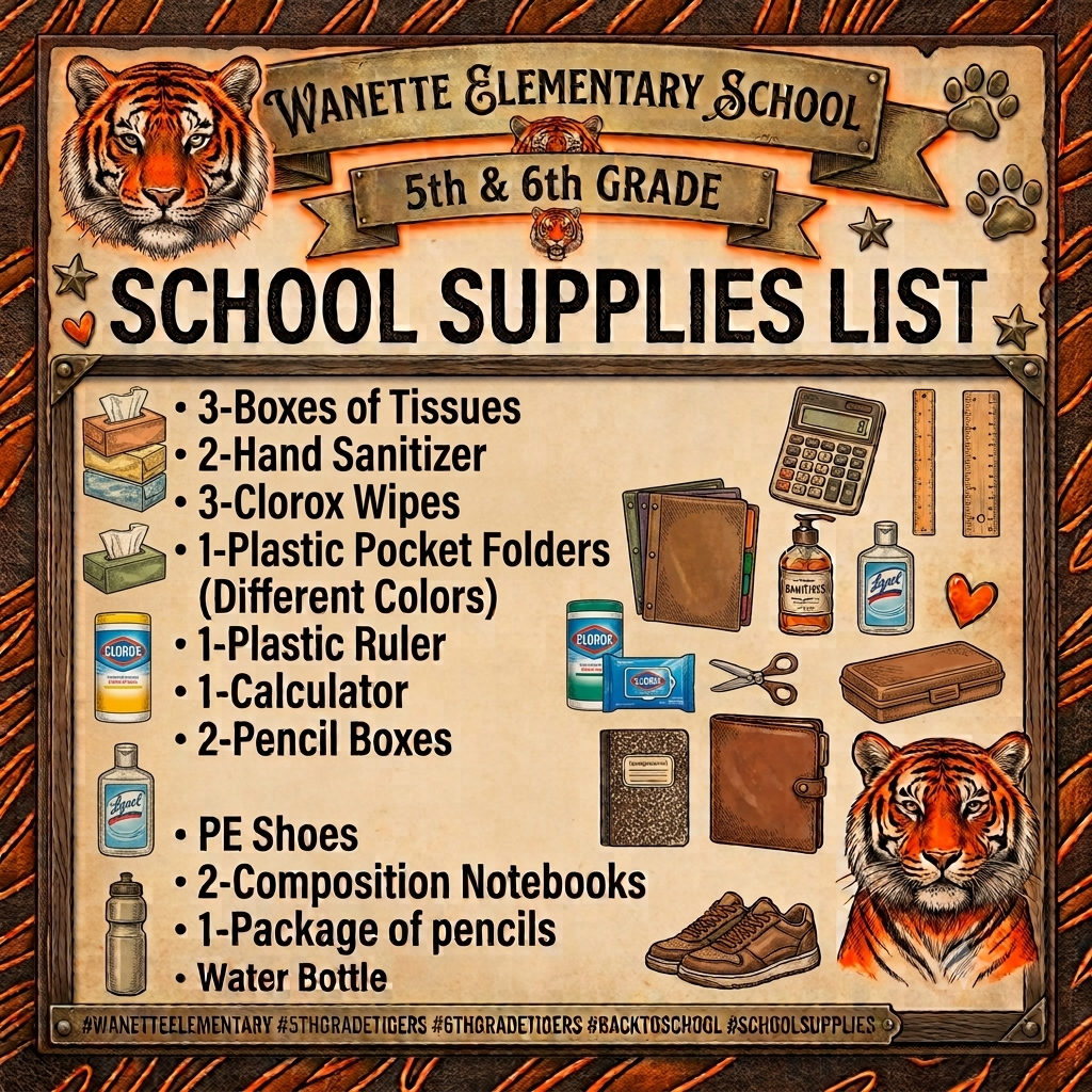 5th and 6th grade School Supplies list for the upcoming 26-27 school year!