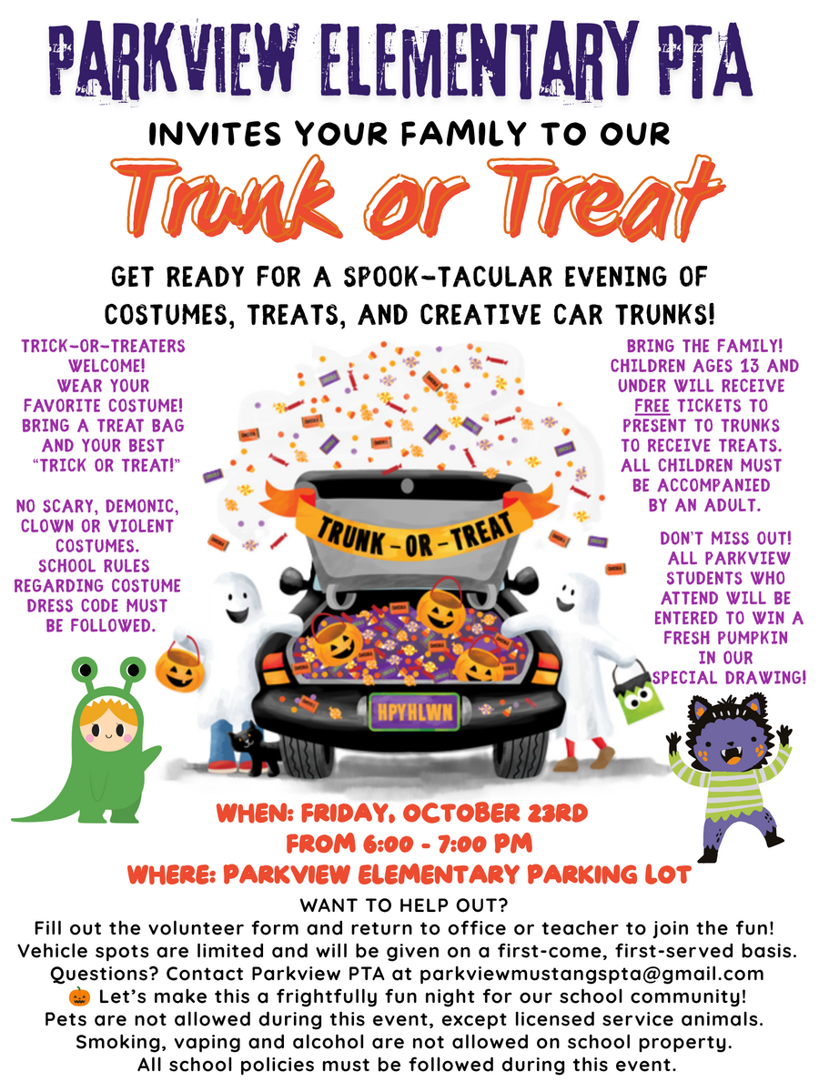 Parkview PTA's Trunk or Treat is 3 days away! 🍬