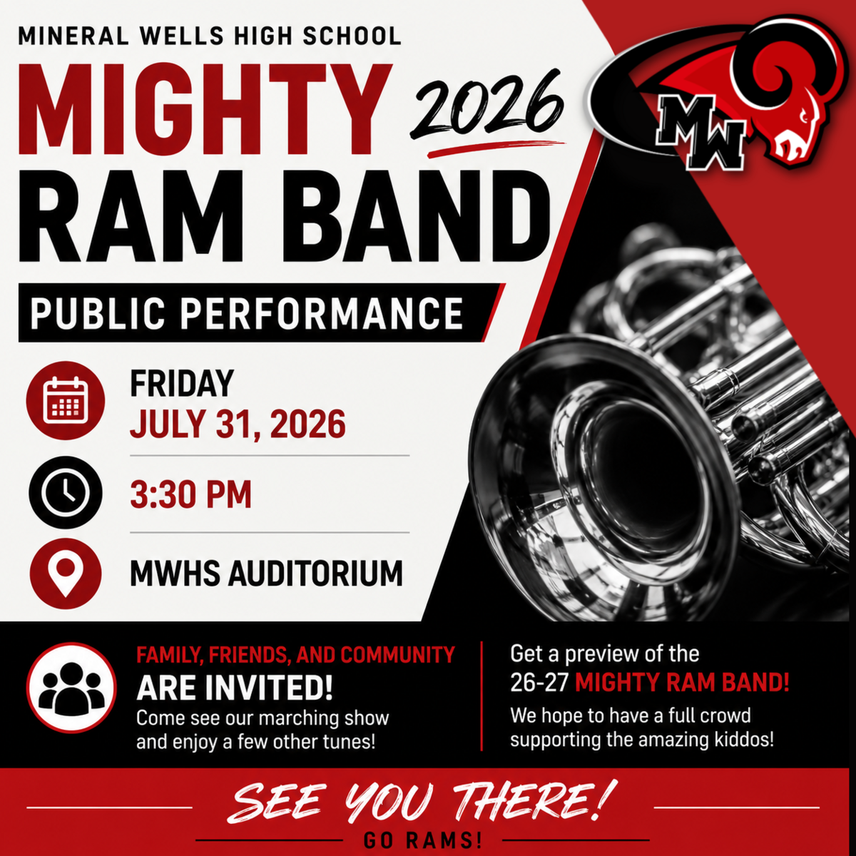 You're Invited! Mighty Ram Band Public Performance – Friday, July 31