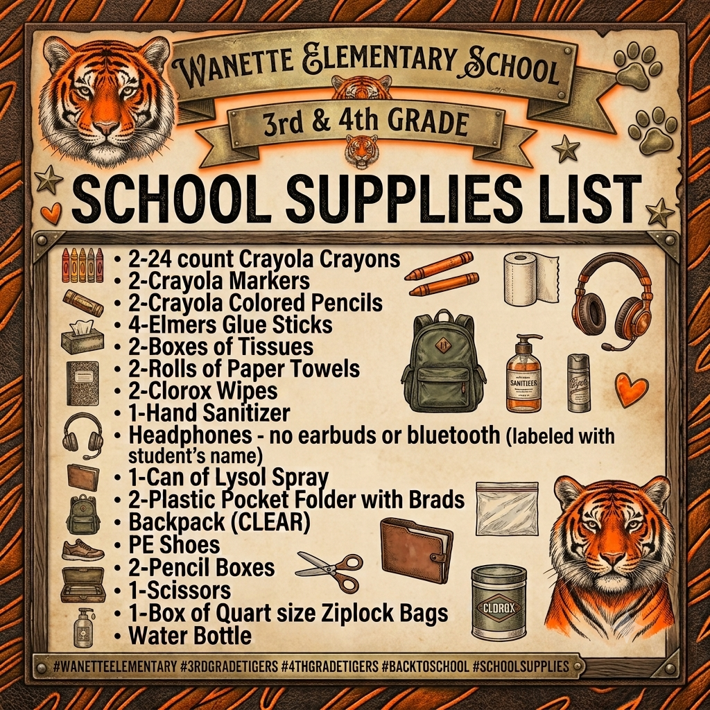 3rd and 4th grade School Supplies list for the upcoming 26-27 school year!