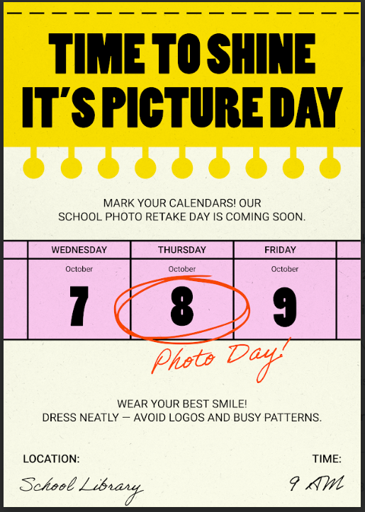 Picture Retake Day is Thursday, October 8th!