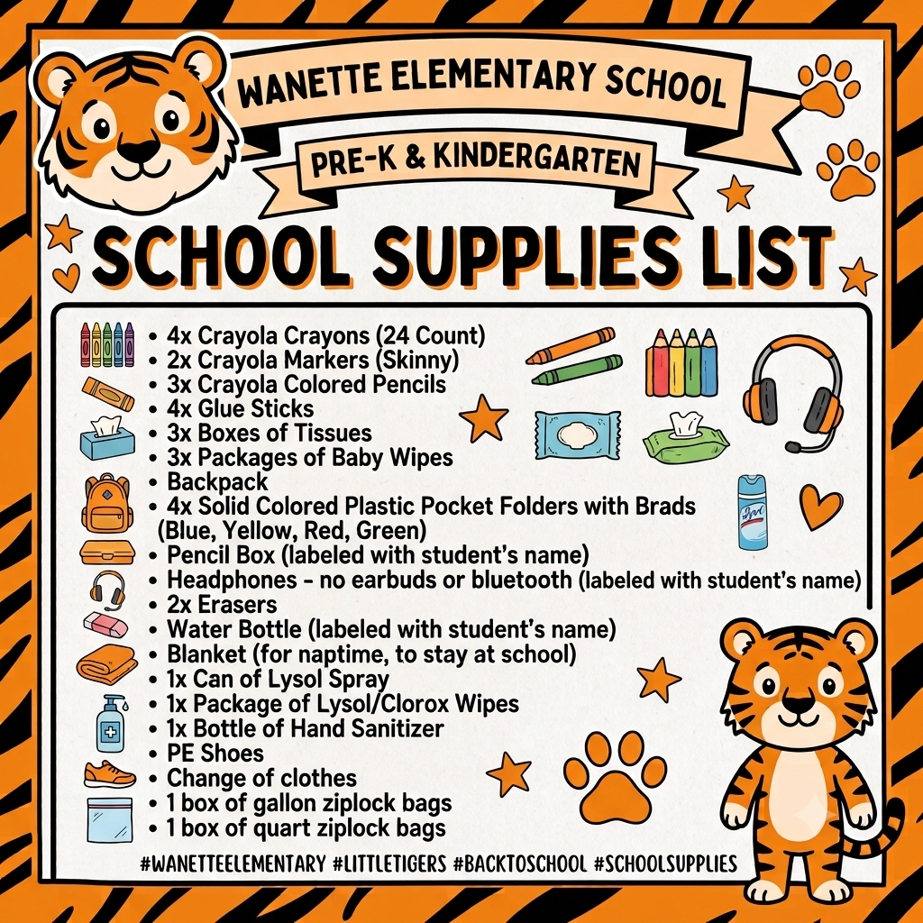 Pre-k and Kindergarten School Supplies list for the upcoming 26-27 school year!