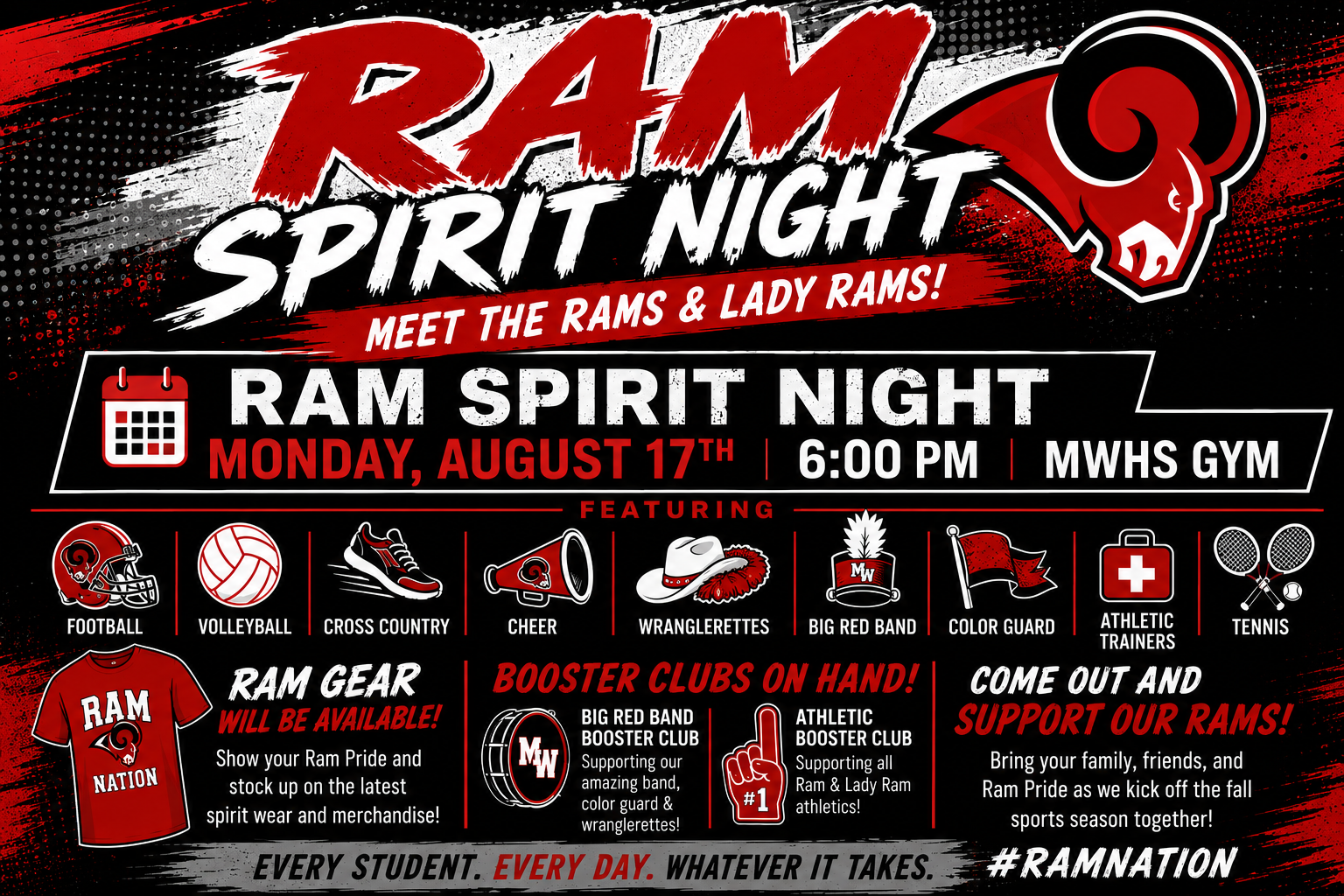 Ram Spirit Night – Meet the Rams & Lady Rams Monday, August 17, 2026 at 6:00 pm
