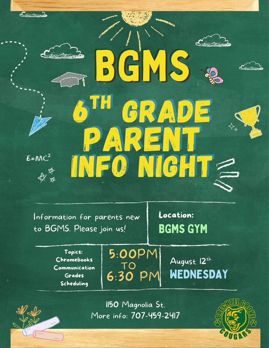 6th Grade Parent Information Session 8/12/26  5:00-6:30