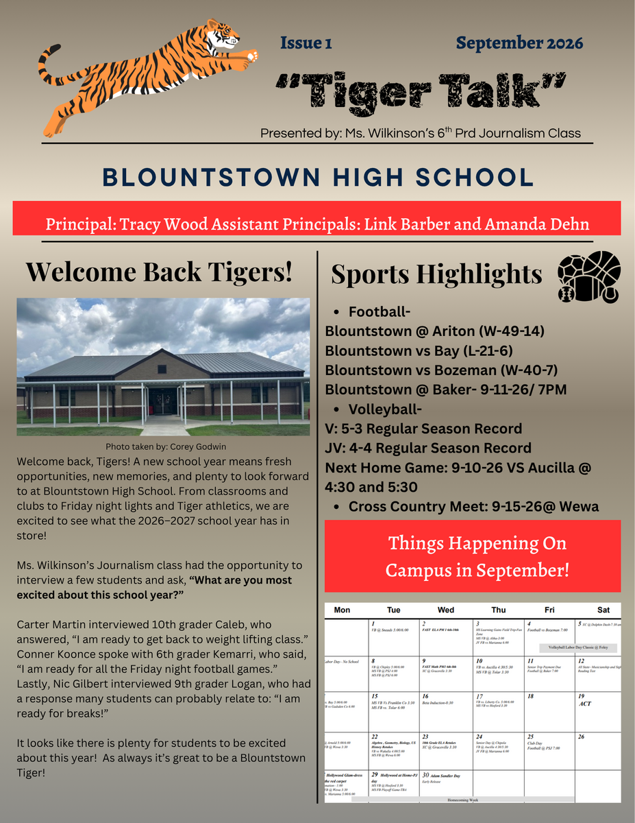 "Tiger Talk" Issue 1 - Presented by Ms. Wilkinson's Journalism and Yearbook Class