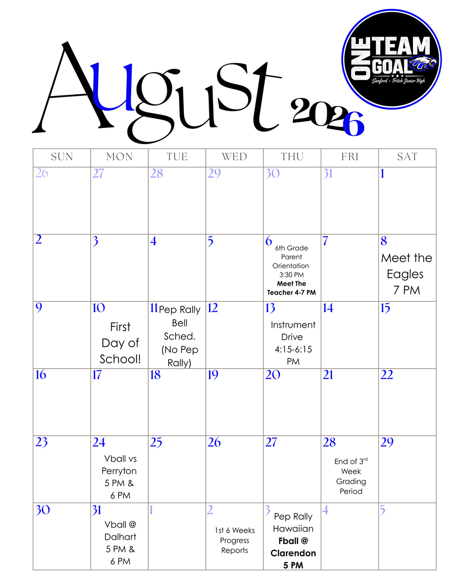 SFJH August Calendar