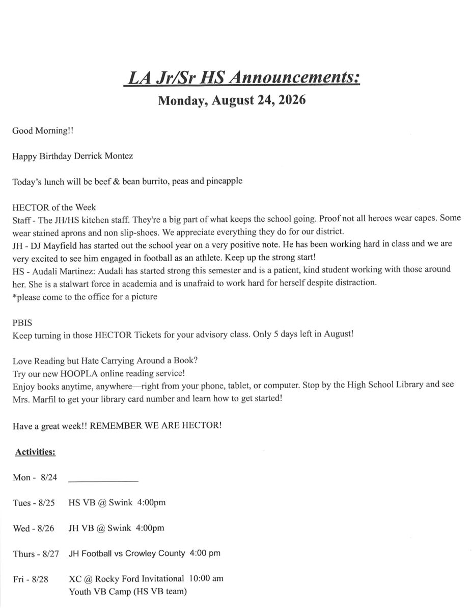 Aug. 24 JH/HS Announcements