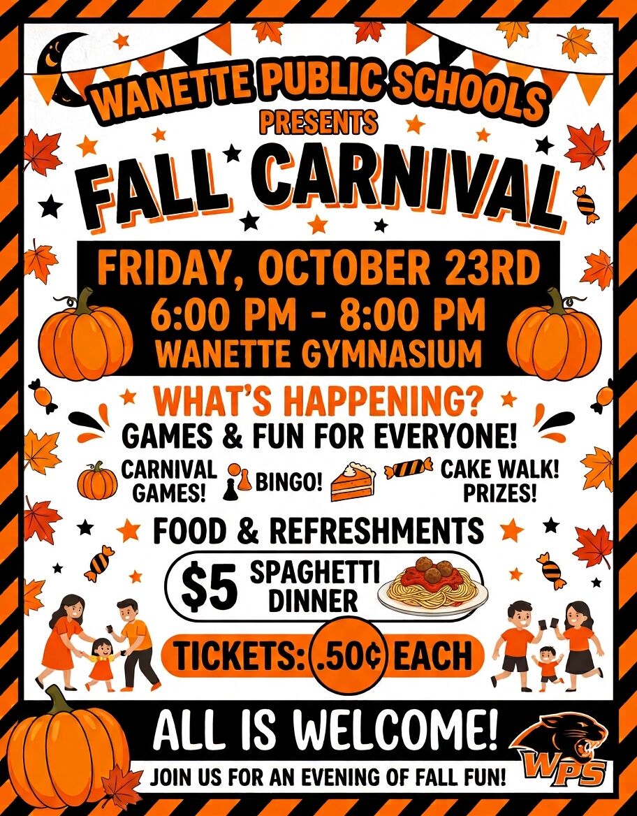 Fall Carnival is here!!! It will be held in the Gymnasium and the Cafeteria on Friday, October 23rd from 6-8pm!! Everyone is welcome!!