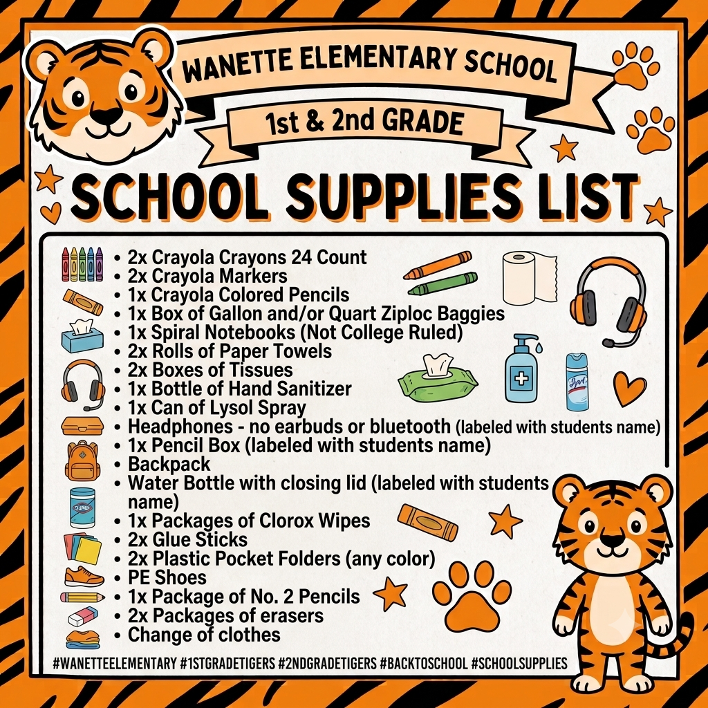1st and 2nd grade School Supplies list for the upcoming 26-27 school year!
