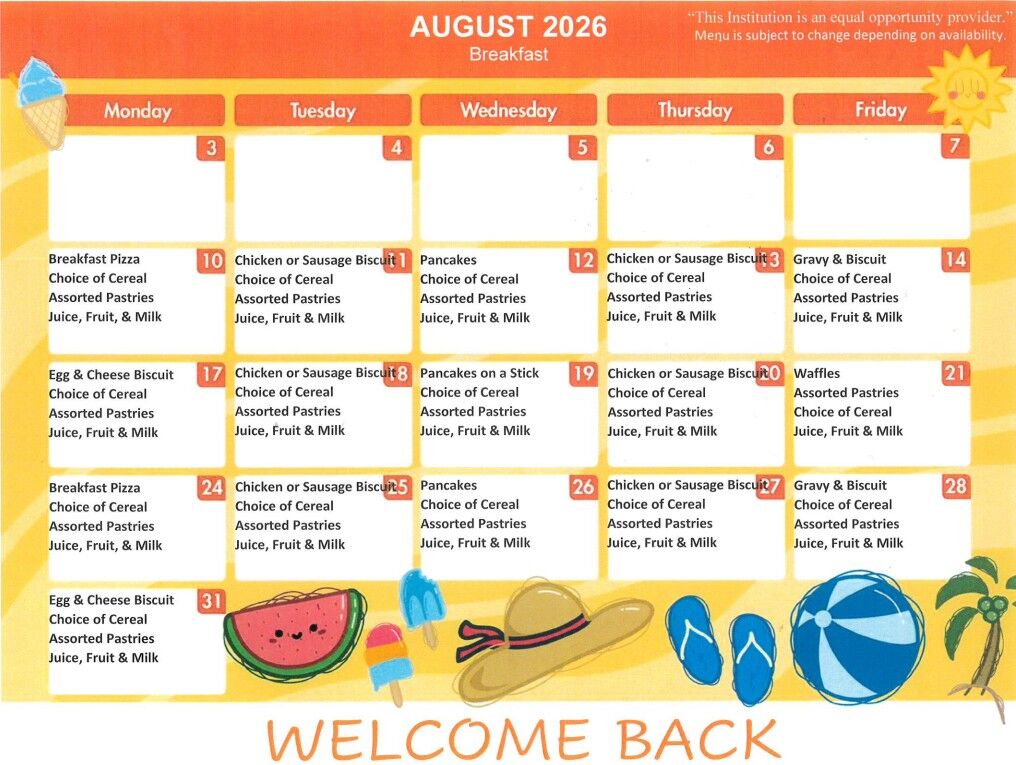 UHS Breakfast and Lunch Menu for the week of August 17-21, 2026
