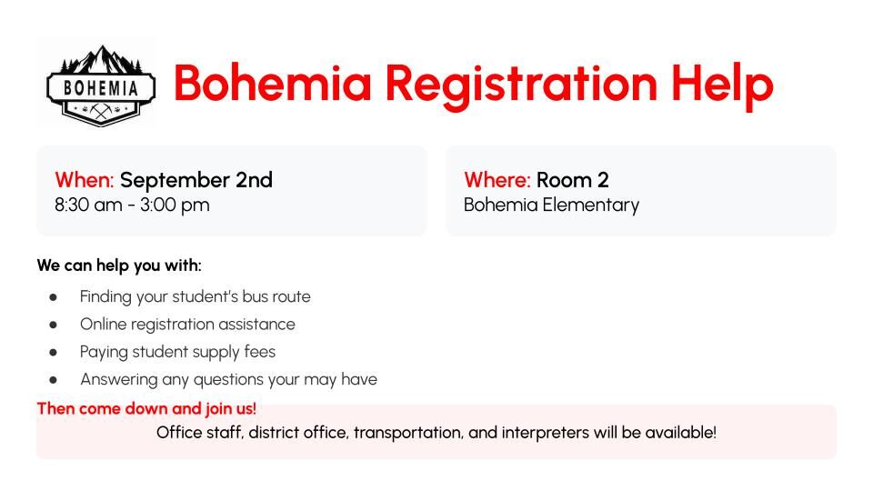 Bohemia Registration Help: September 2nd 