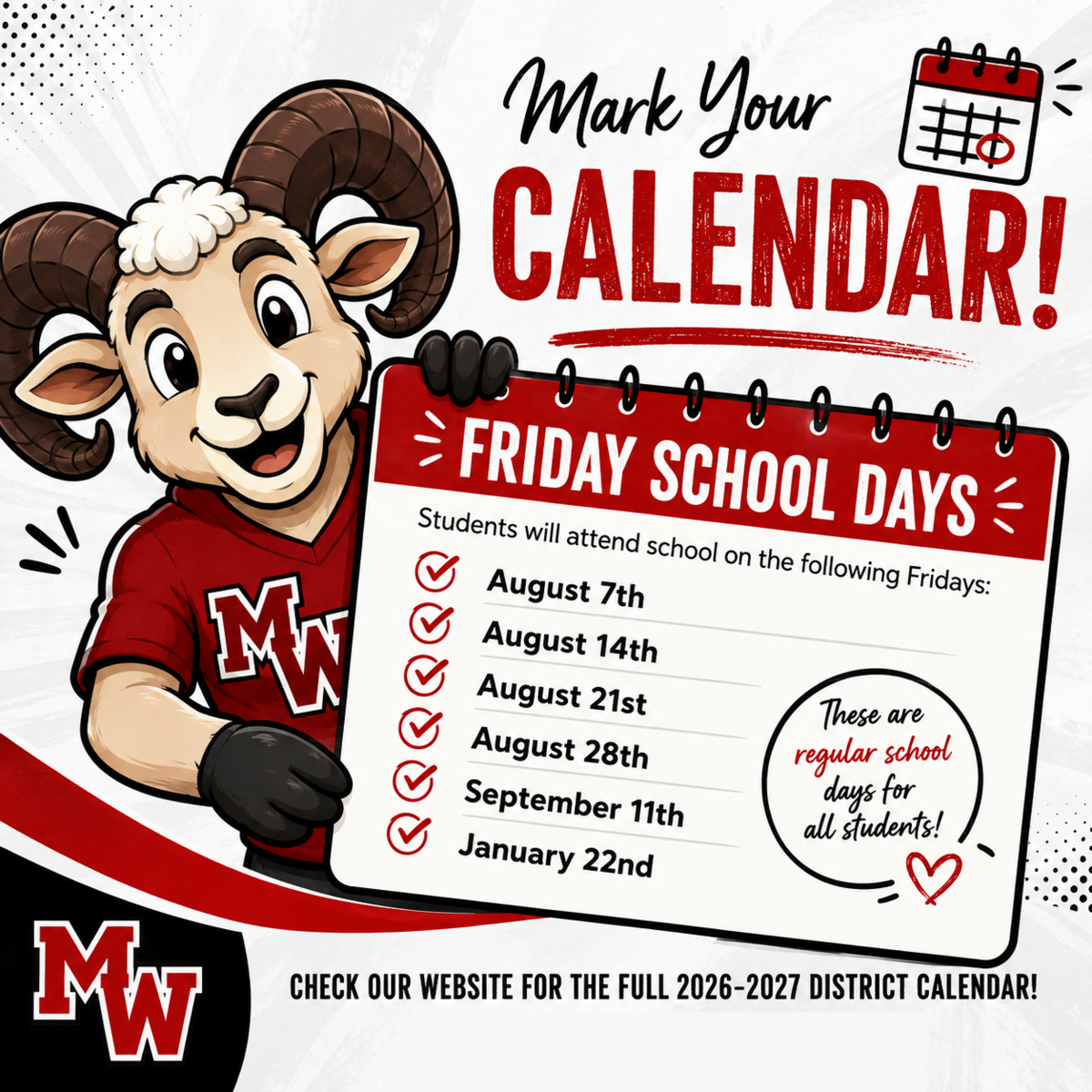 Reminder: Friday School Days for the 2026-2027 School Year