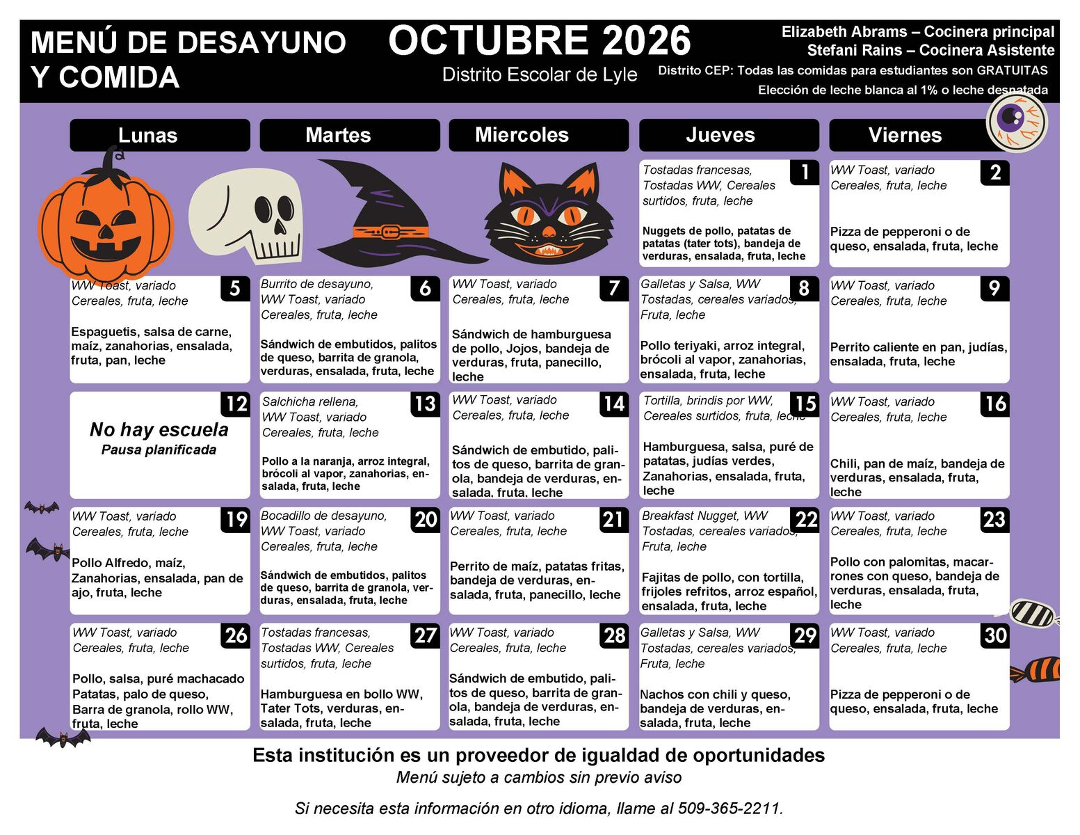 October Meal Menus!