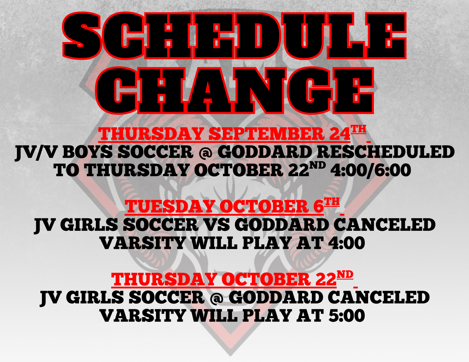 Schedule Change Girls/Boys Soccer