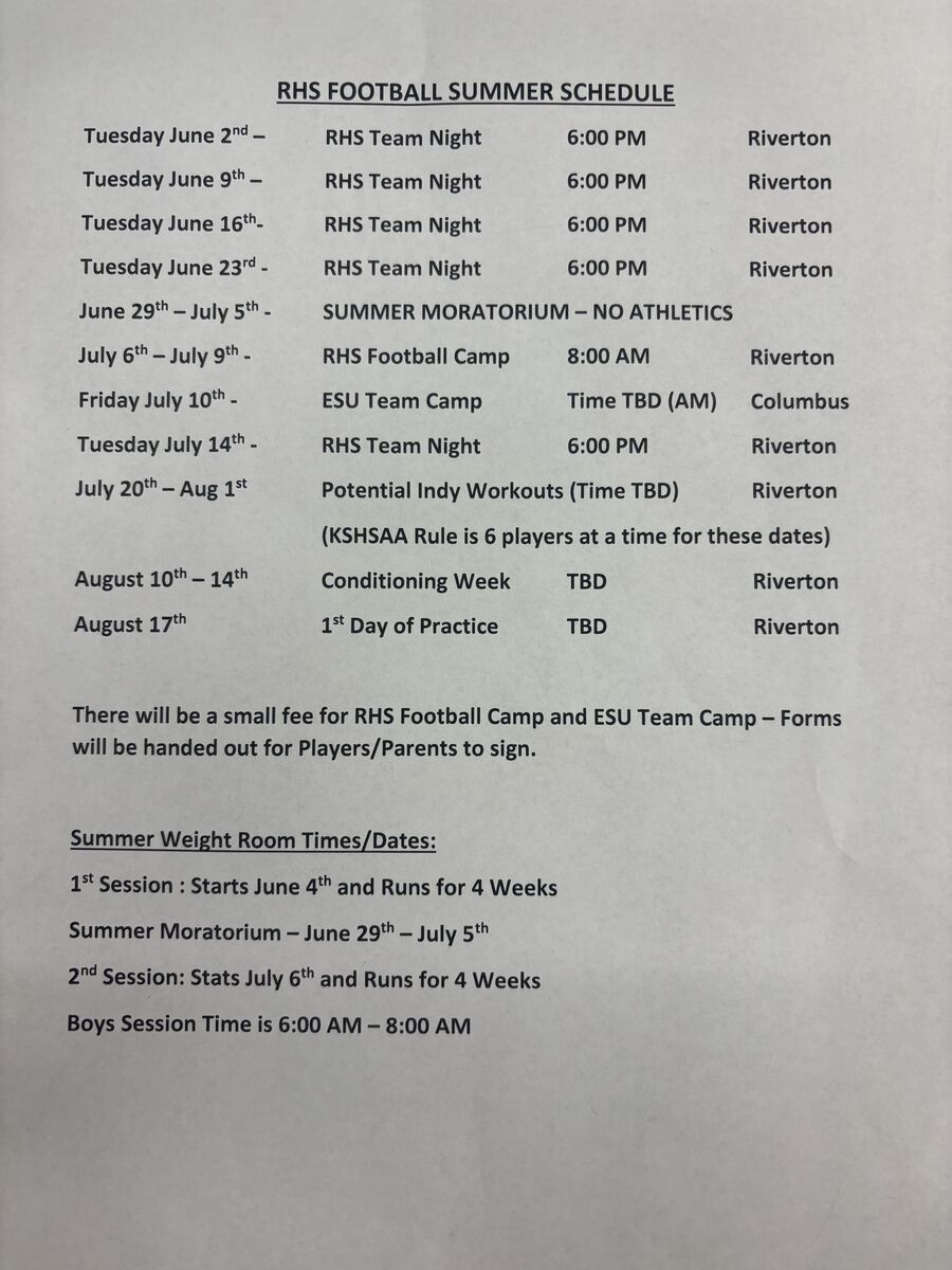  Summer Sports/Training Schedules for incoming Freshmen