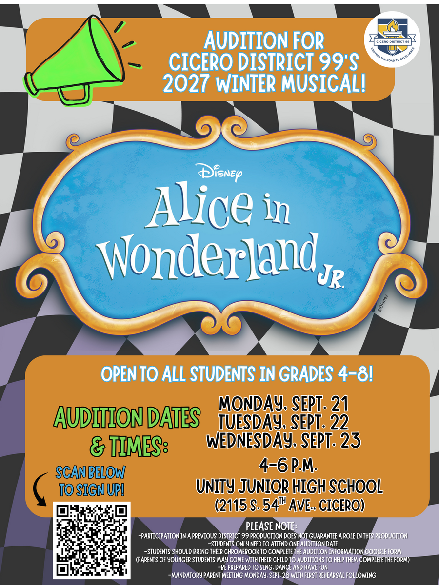 ✨ CALLING ALL 4TH-8TH GRADERS: AUDITION FOR D99'S WINTER MUSICAL, ALICE IN WONDERLAND! 🎭