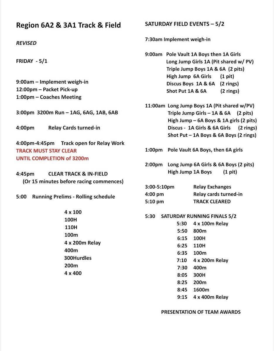 Updated Regional Track schedule