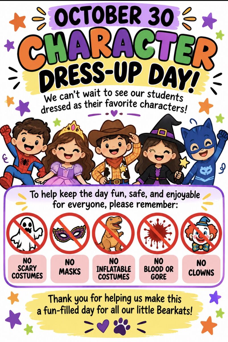 Reminders for dress up day on Friday. 🎃💜🎃
