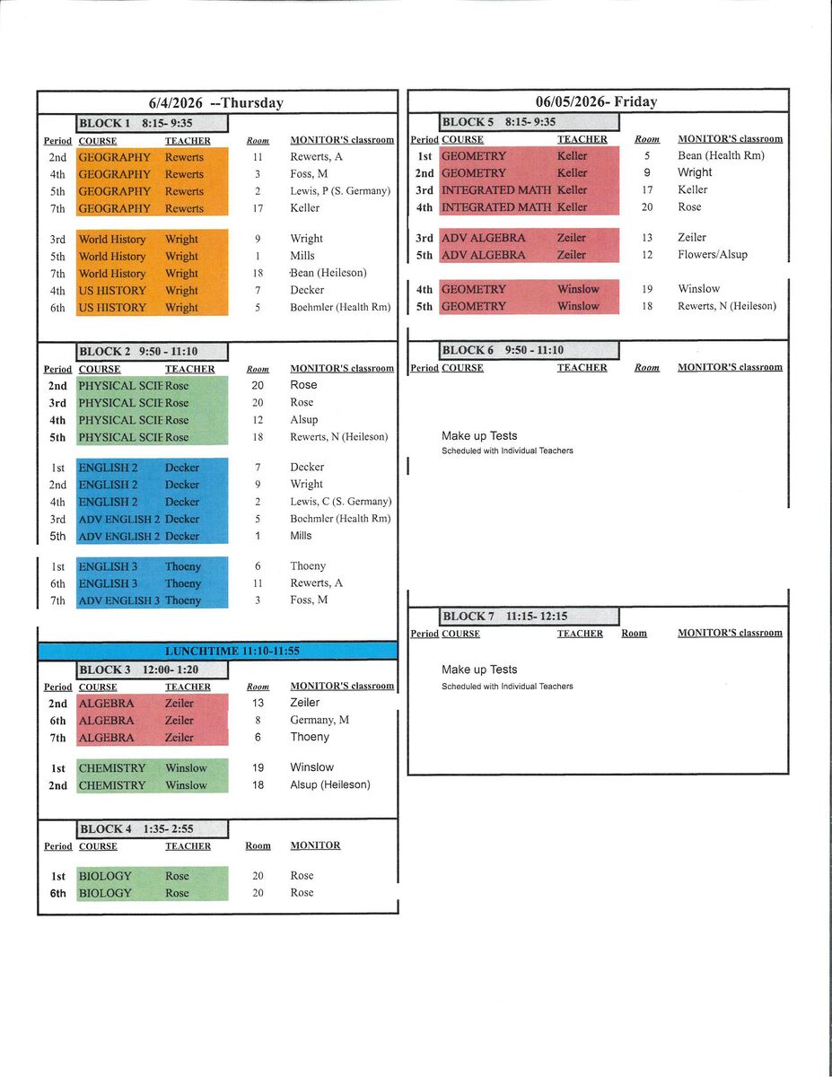 Semester Test Schedule June 4-5th