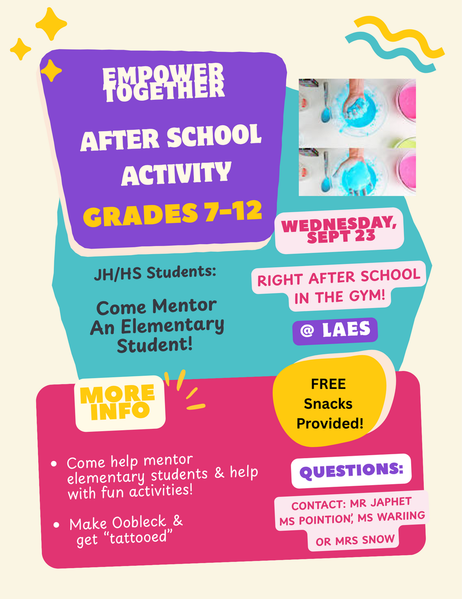 JH/HS Students:  Please join us Wednesday after school to "mentor" an elementary student