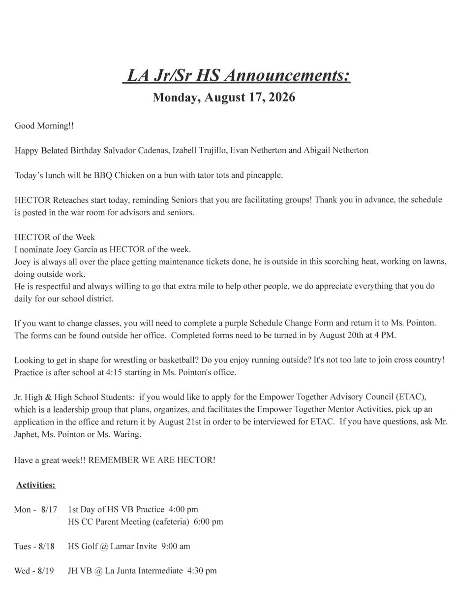 Monday, August 17th JH/HS Announcements: 