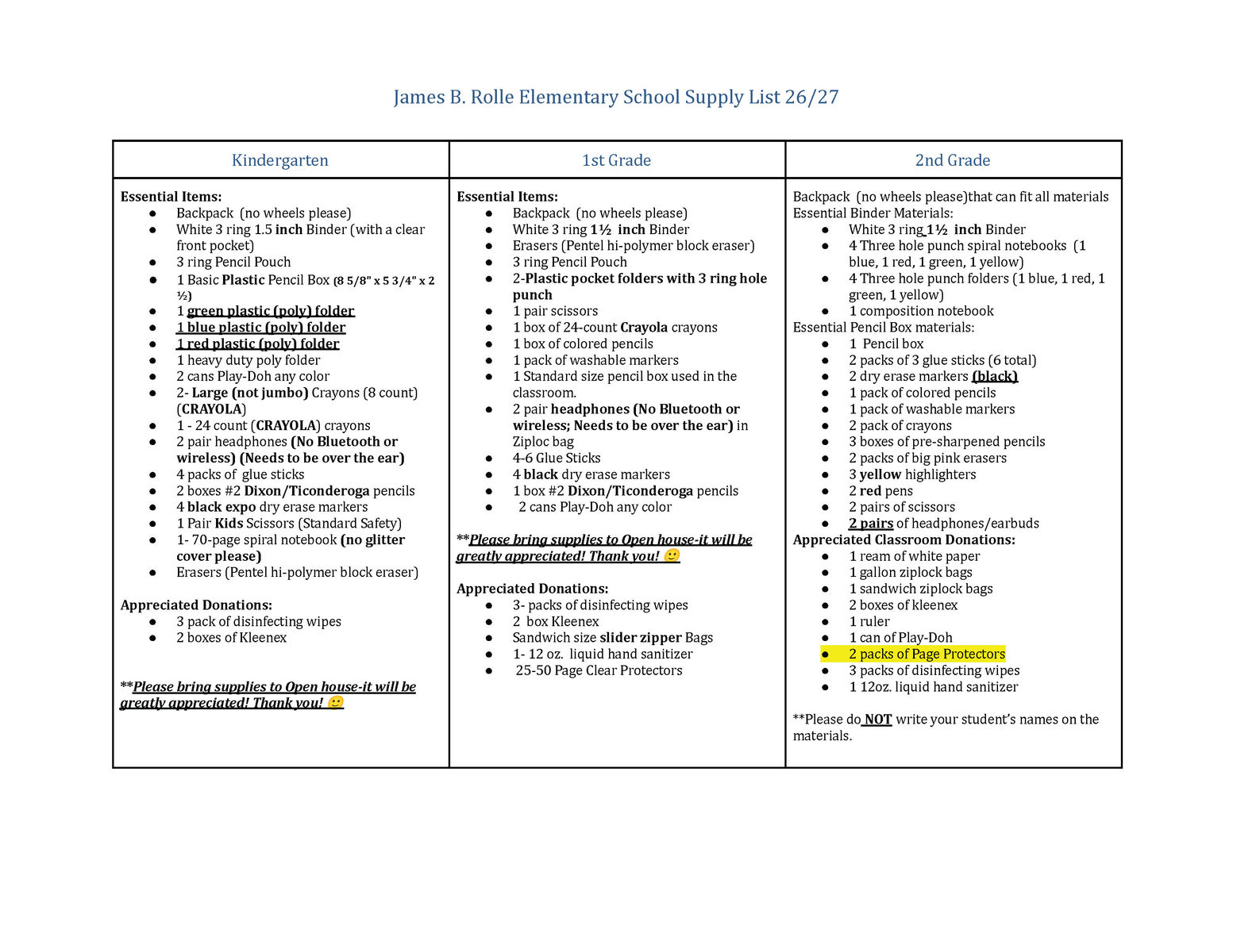Student Calendar and Supply List