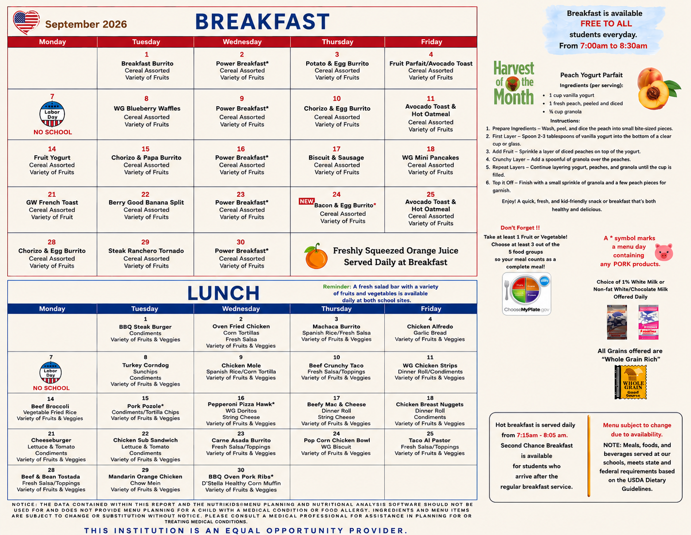 September 2026 Menus