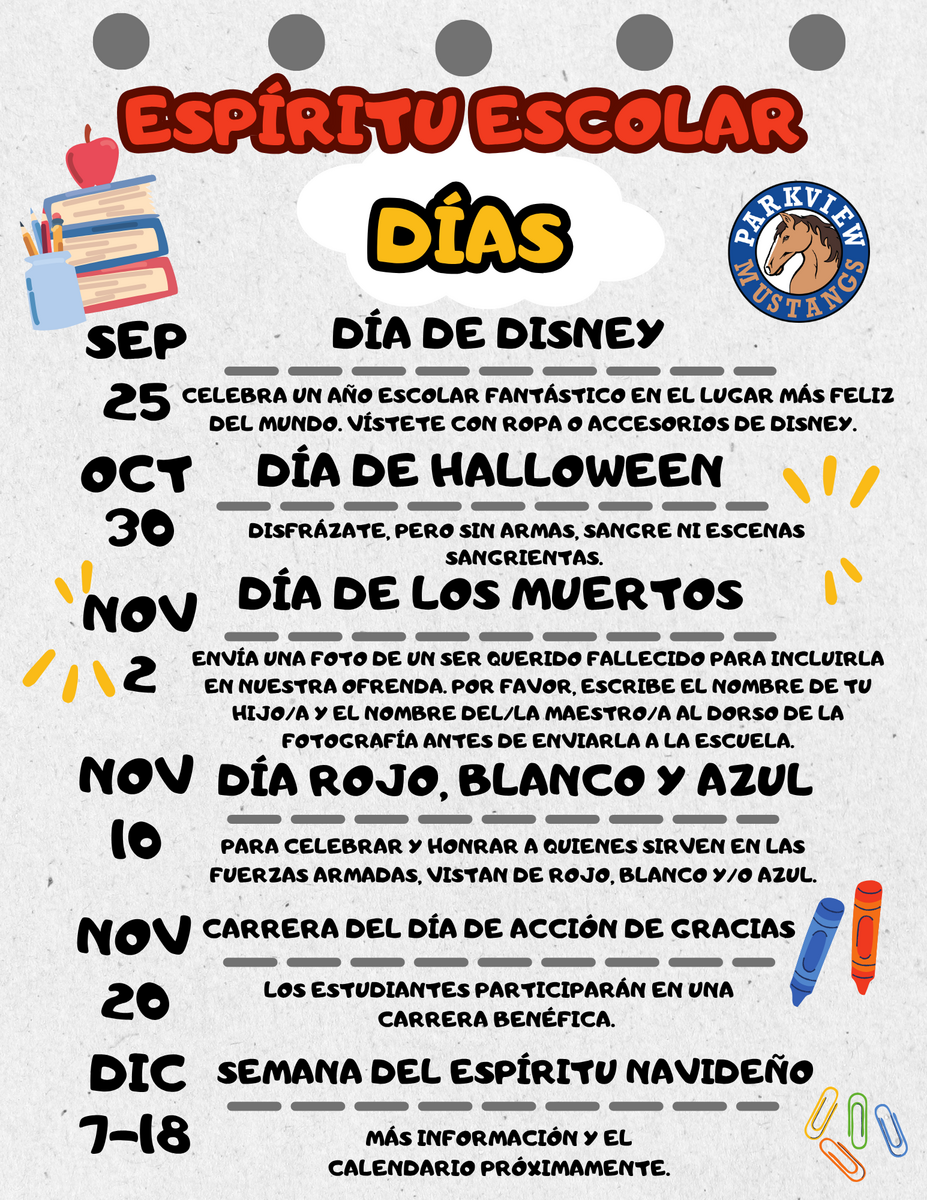 🎉 Get Ready for Parkview Spirit Days! Show Your Mustang Pride! 🐴✨