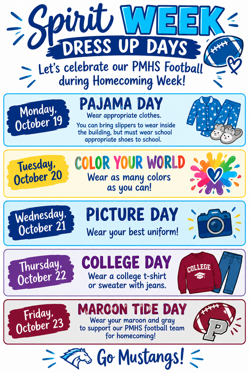 October Calendar & Spirit Week Dress Up Days