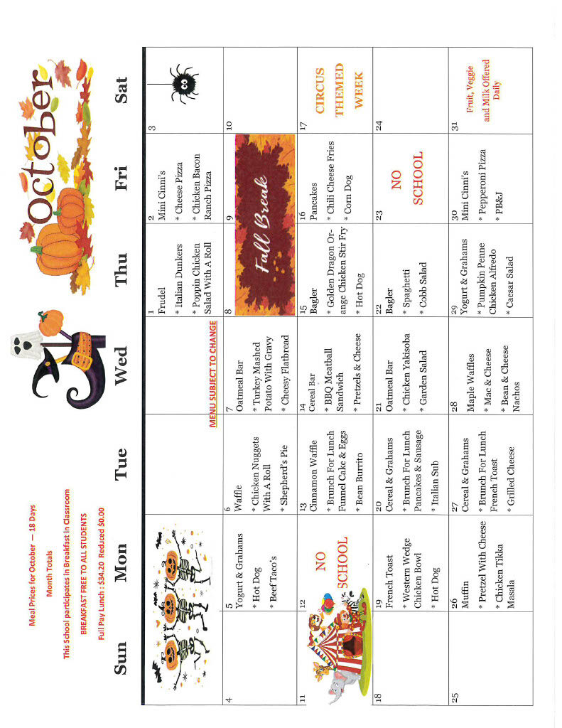 Important Dates for October and Lunch Menu