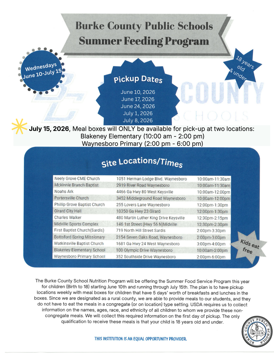 Free Summer Meals for Burke County Kids!